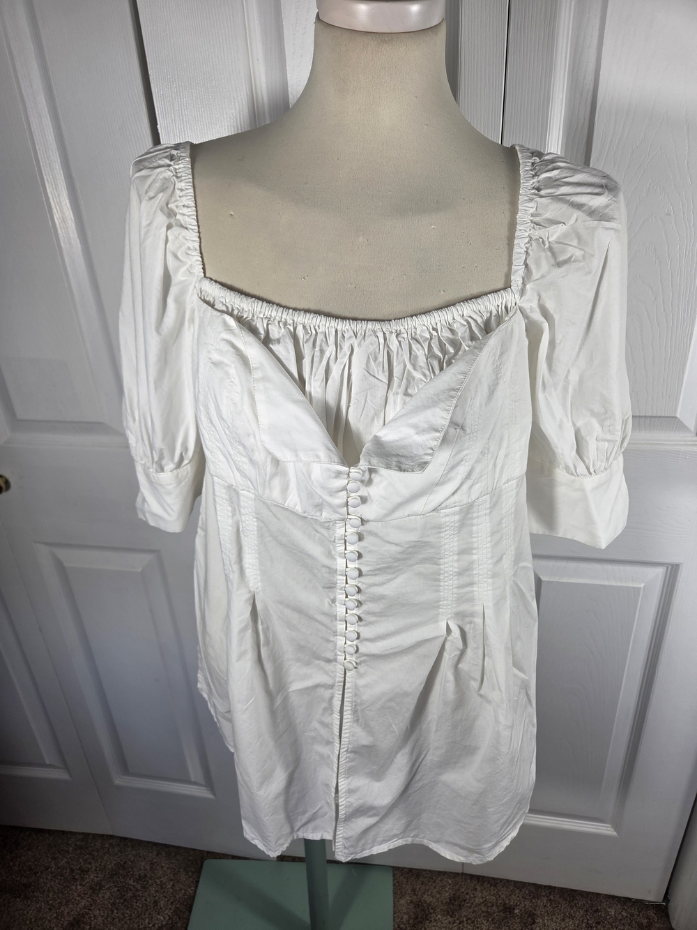 Anthropologie White Puff Sleeve Button Front Mini Dress L